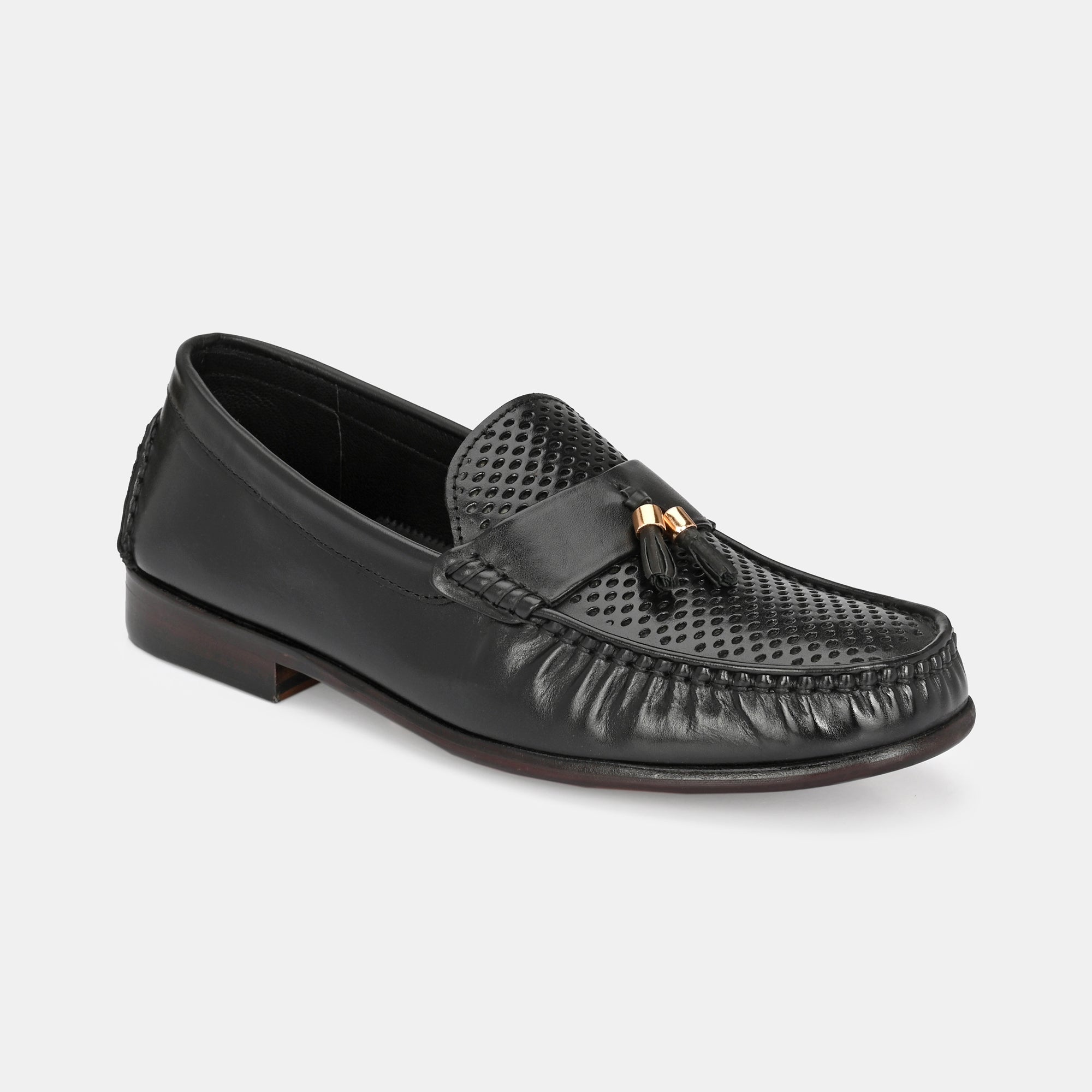 Tan Perforated Tassel Loafers by Lafattio