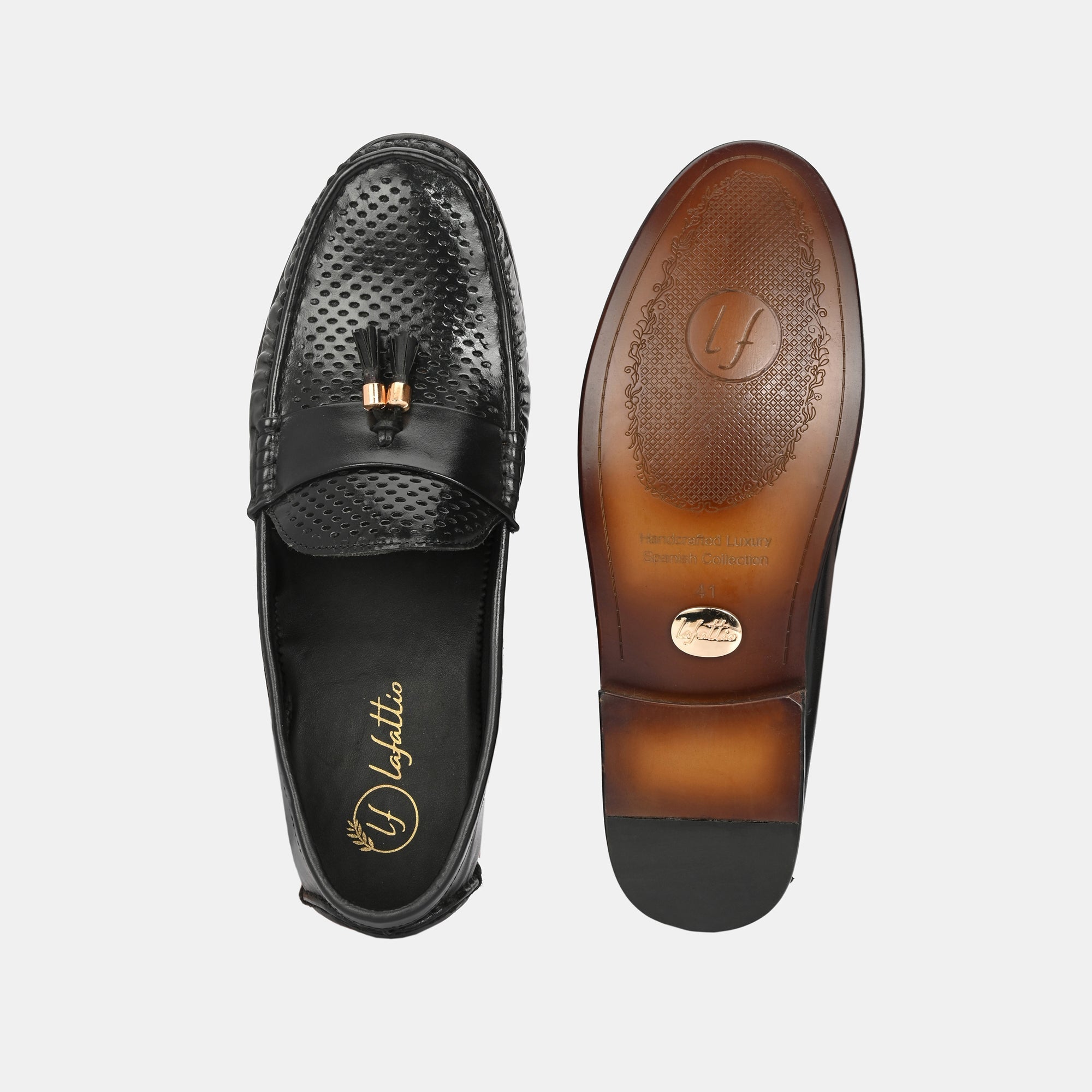 Tan Perforated Tassel Loafers by Lafattio