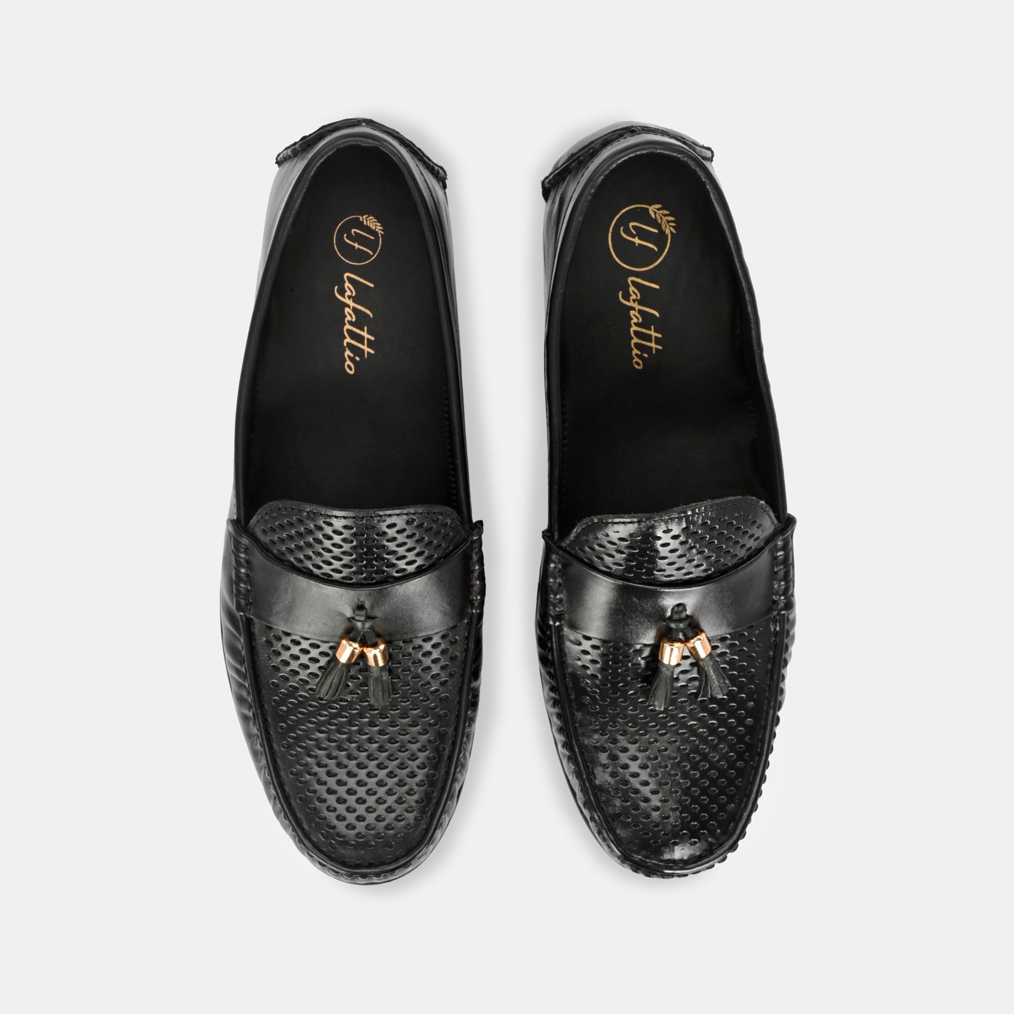 Tan Perforated Tassel Loafers by Lafattio