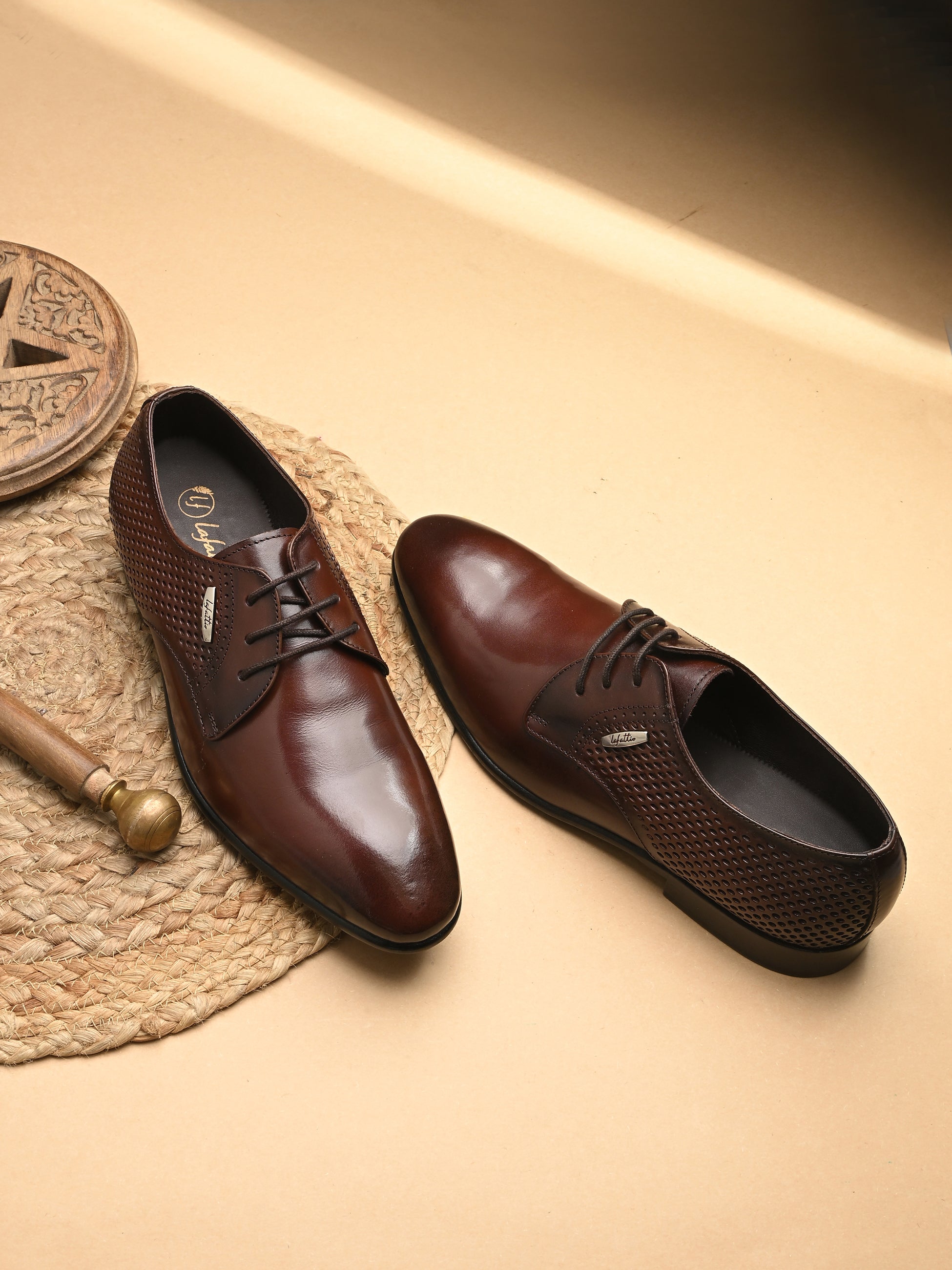 Tan Perforated Lace-Up Shoes by Lafattio