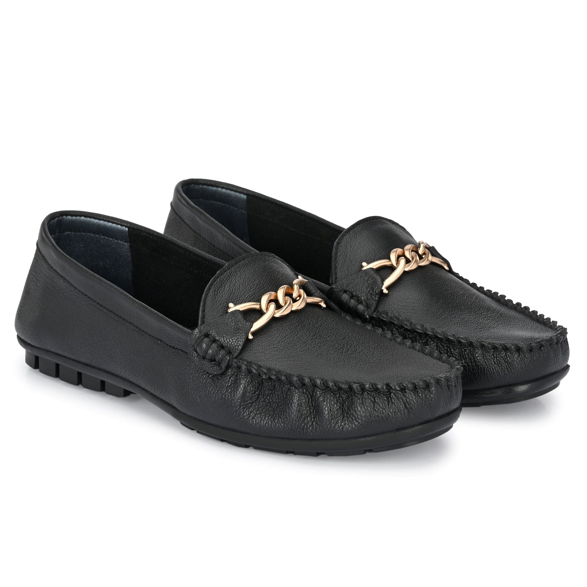 Golden Chain Buckled Loafers For Women egoss-shoes