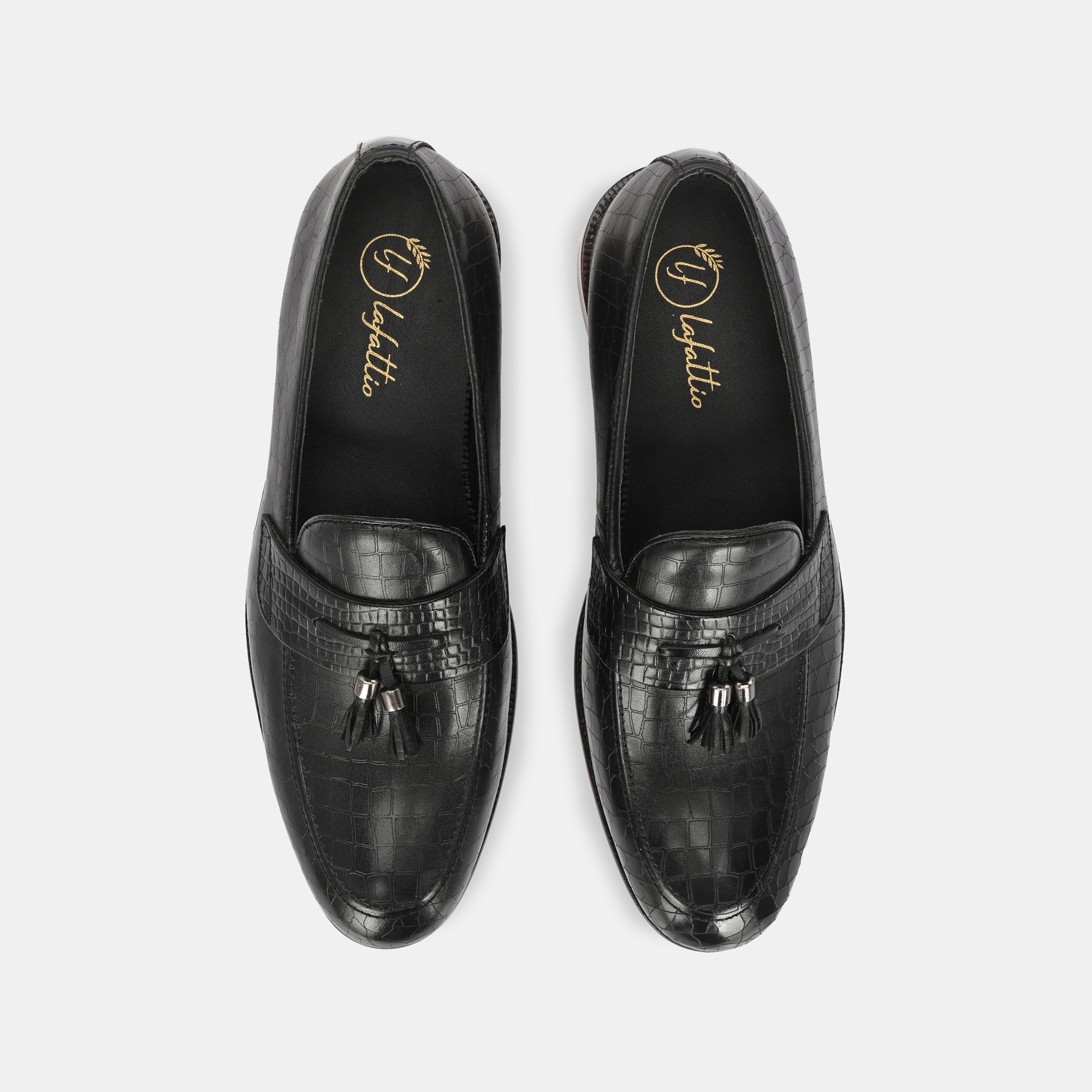 Black Laser Engraved Tassel Loafers by Lafattio