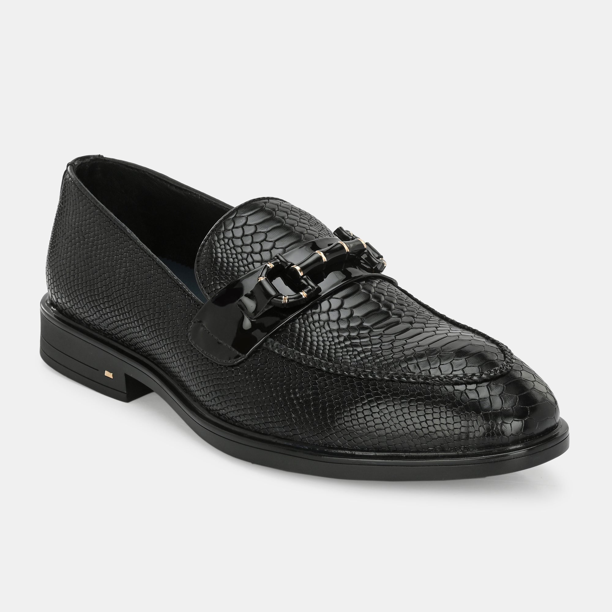 Black Textured Buckled Loafers by Lafattio