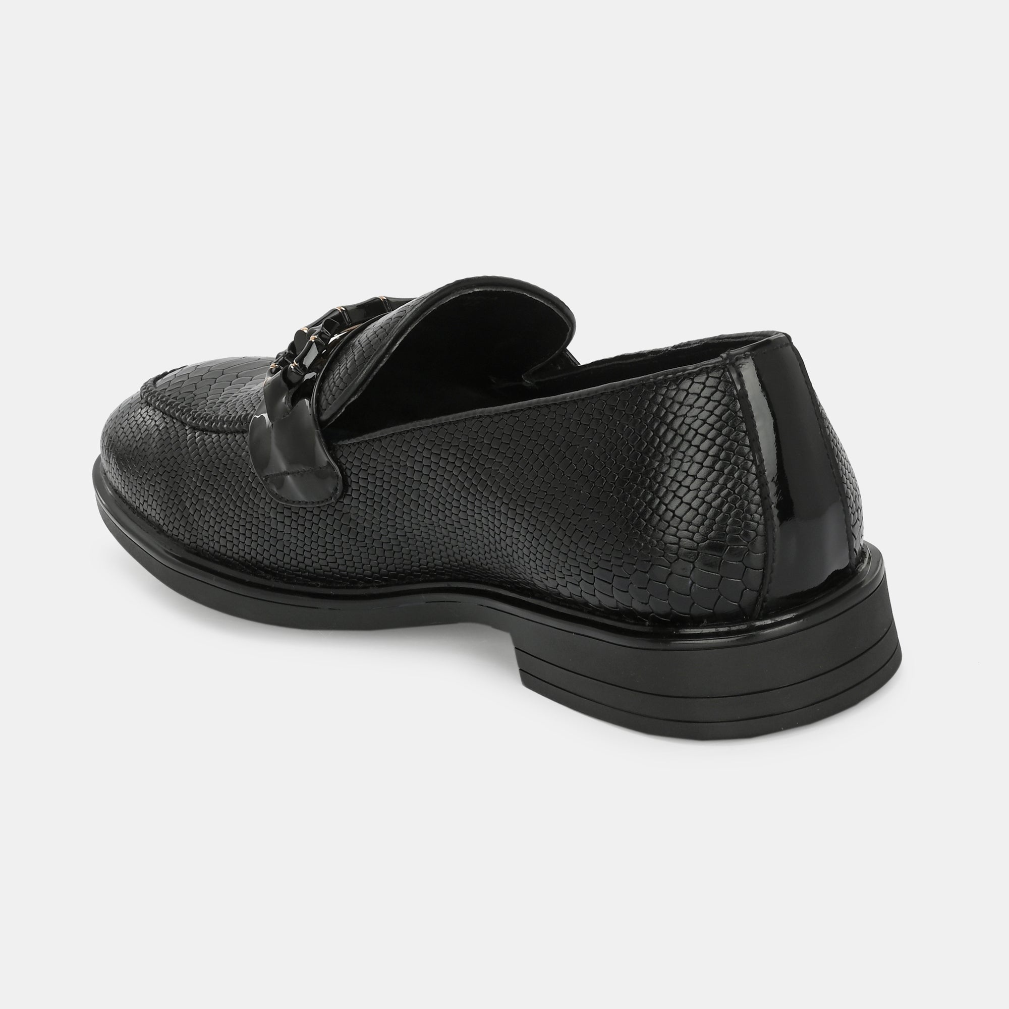 Black Textured Buckled Loafers by Lafattio