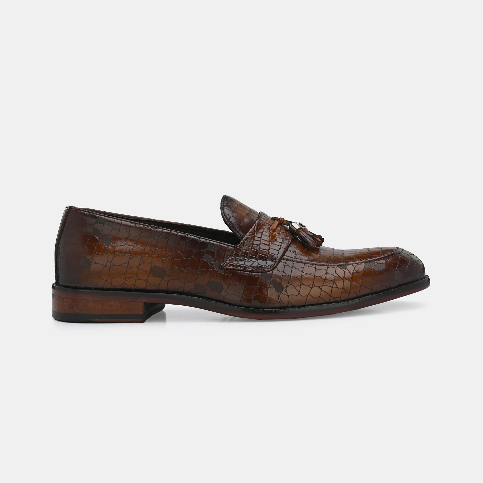 Tan Laser Engraved Tassel Loafers by Lafattio
