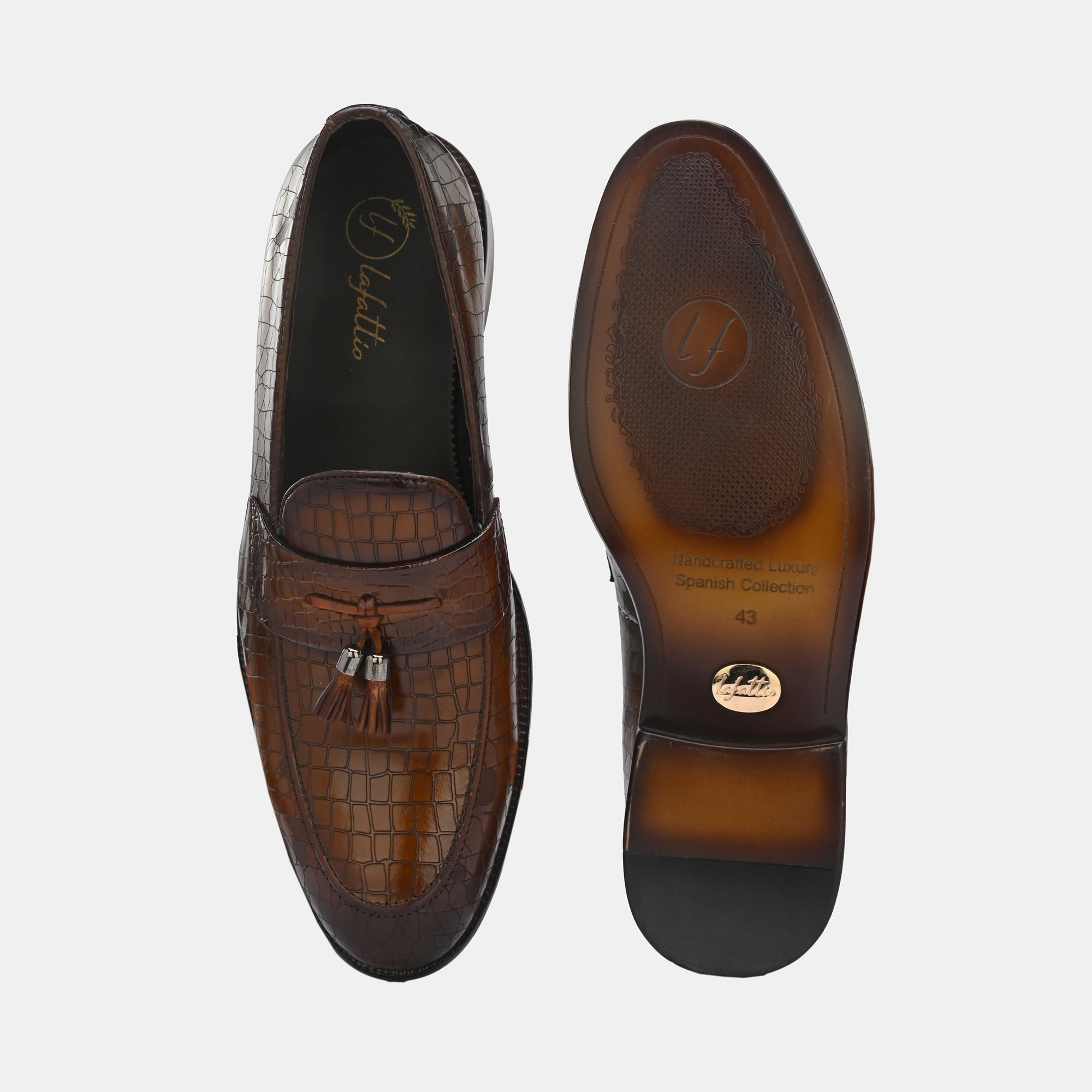 Tan Laser Engraved Tassel Loafers by Lafattio