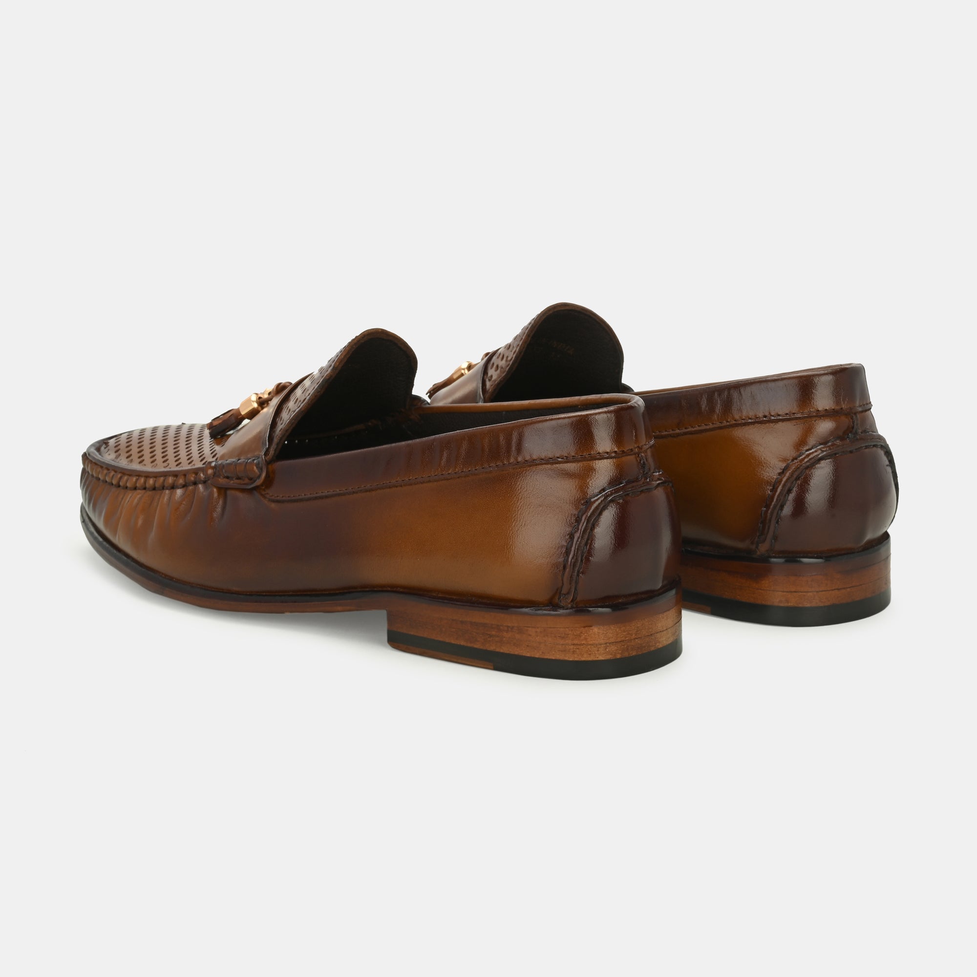 Tan Perforated Tassel Loafers by Lafattio