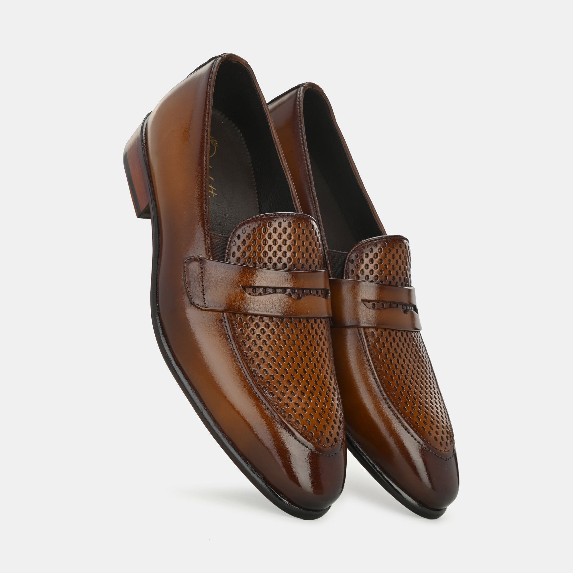 Tan Perforated Penny Loafers by Lafattio