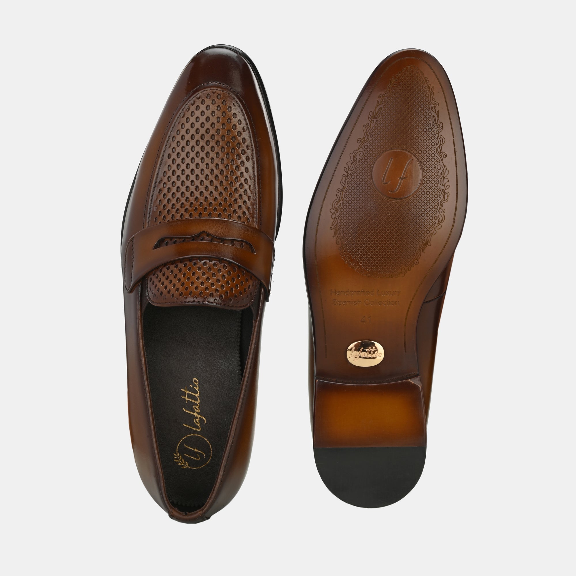 Tan Perforated Penny Loafers by Lafattio