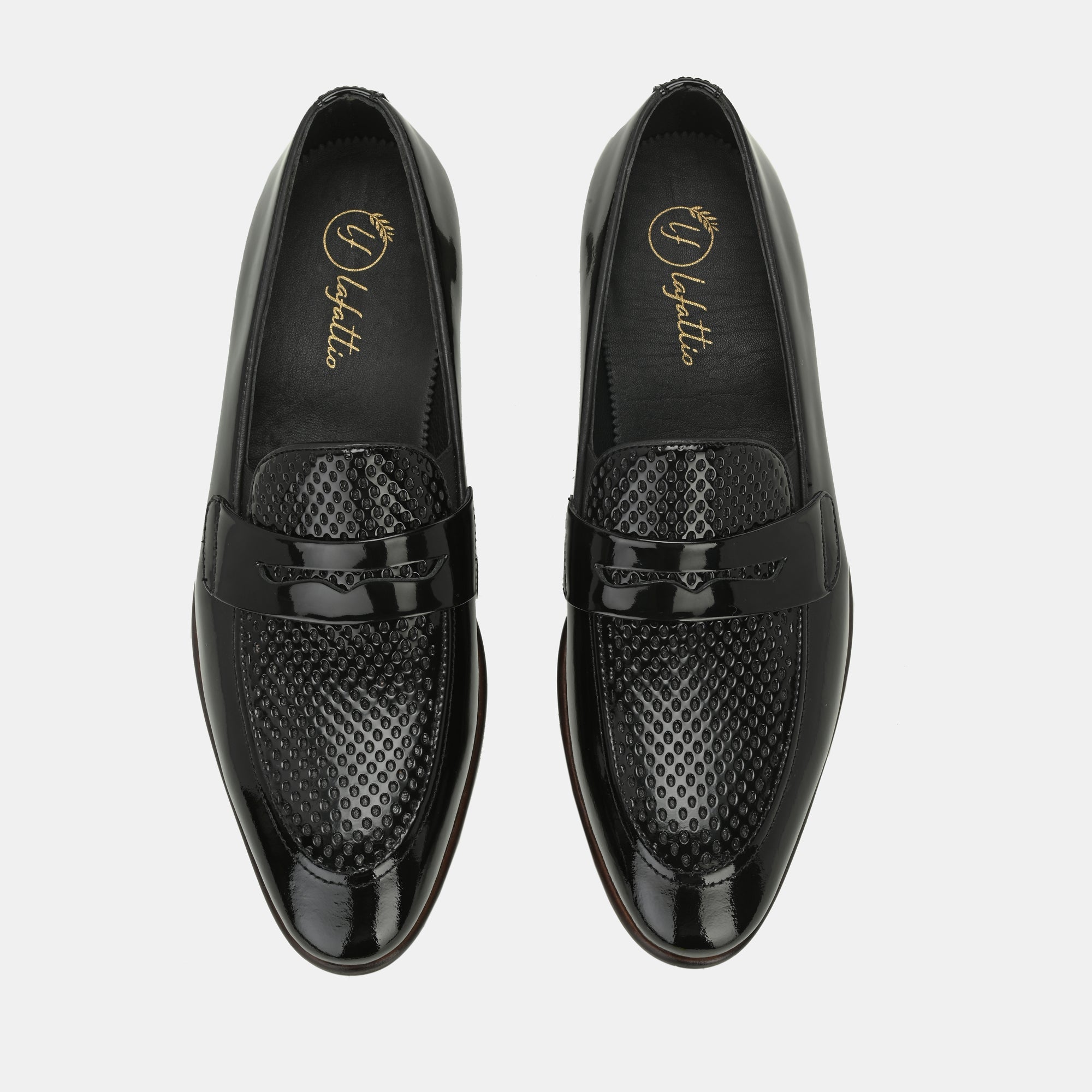 Patent Black Perforated Penny Loafers by Lafattio